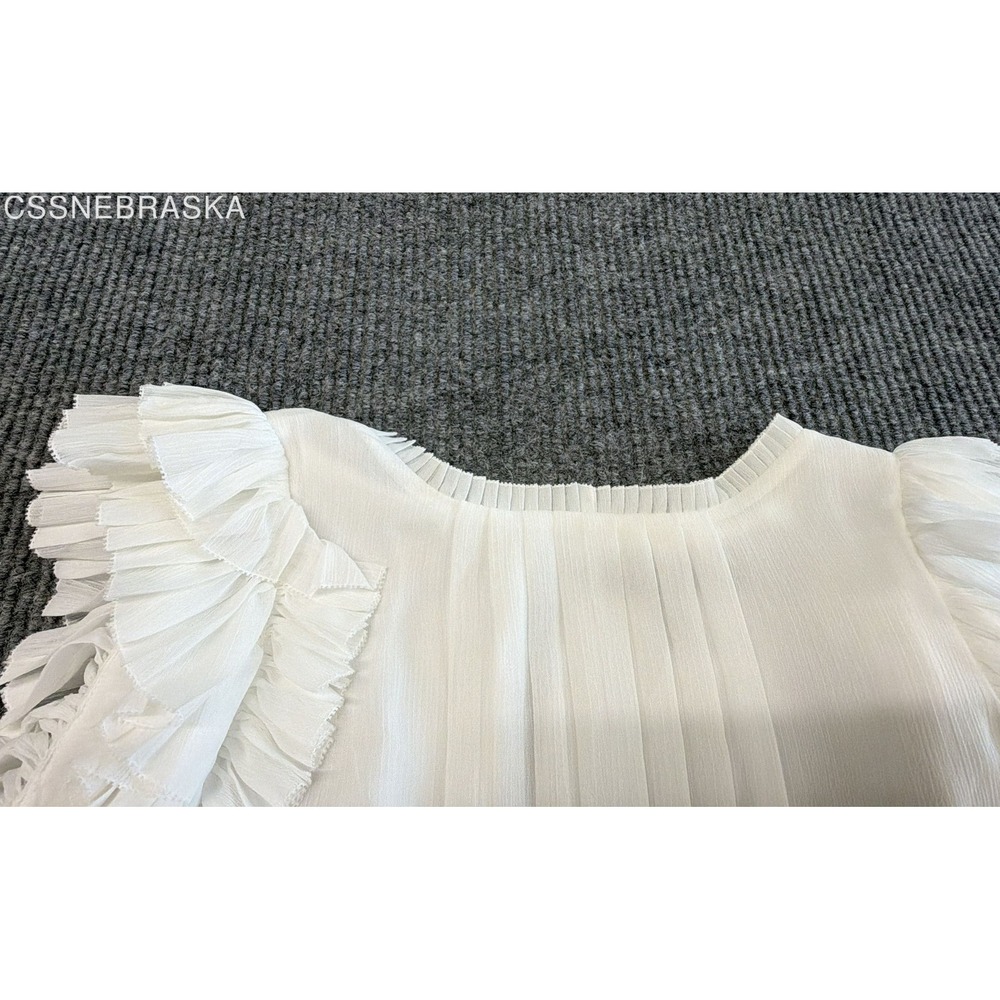 White House Black Market Women's White Pleated Ruffle Flutter Sleeve Blouse Sz S - Picture 8 of 8